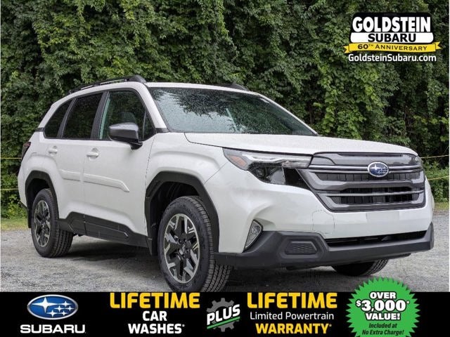 2026 Subaru FORESTER Premium in Crystal White Pearl — front three-quarter view