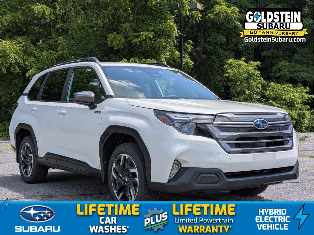 2026 Subaru FORESTER Premium Hybrid in Crystal White Pearl — front three-quarter view