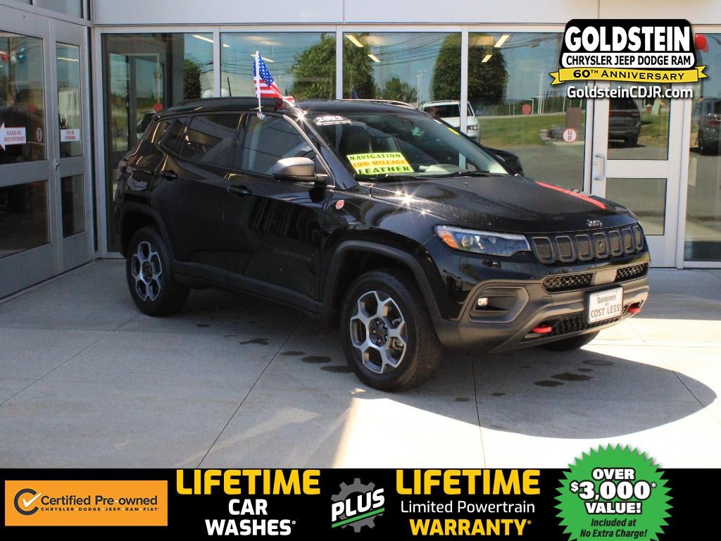 2022 Jeep Compass Trailhawk in Diamond Black Crystal Pearlcoat — front three-quarter view